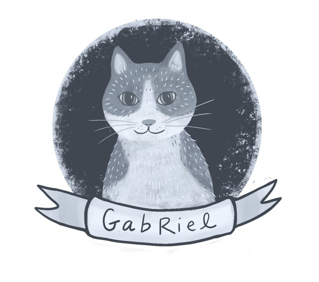 drawing of Gabriel, a white and buff rescue cat